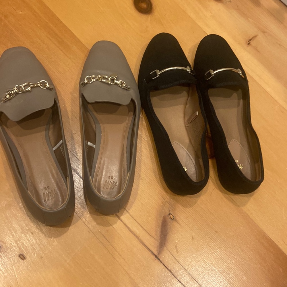 H&M brand flats. Tan leather and black suede